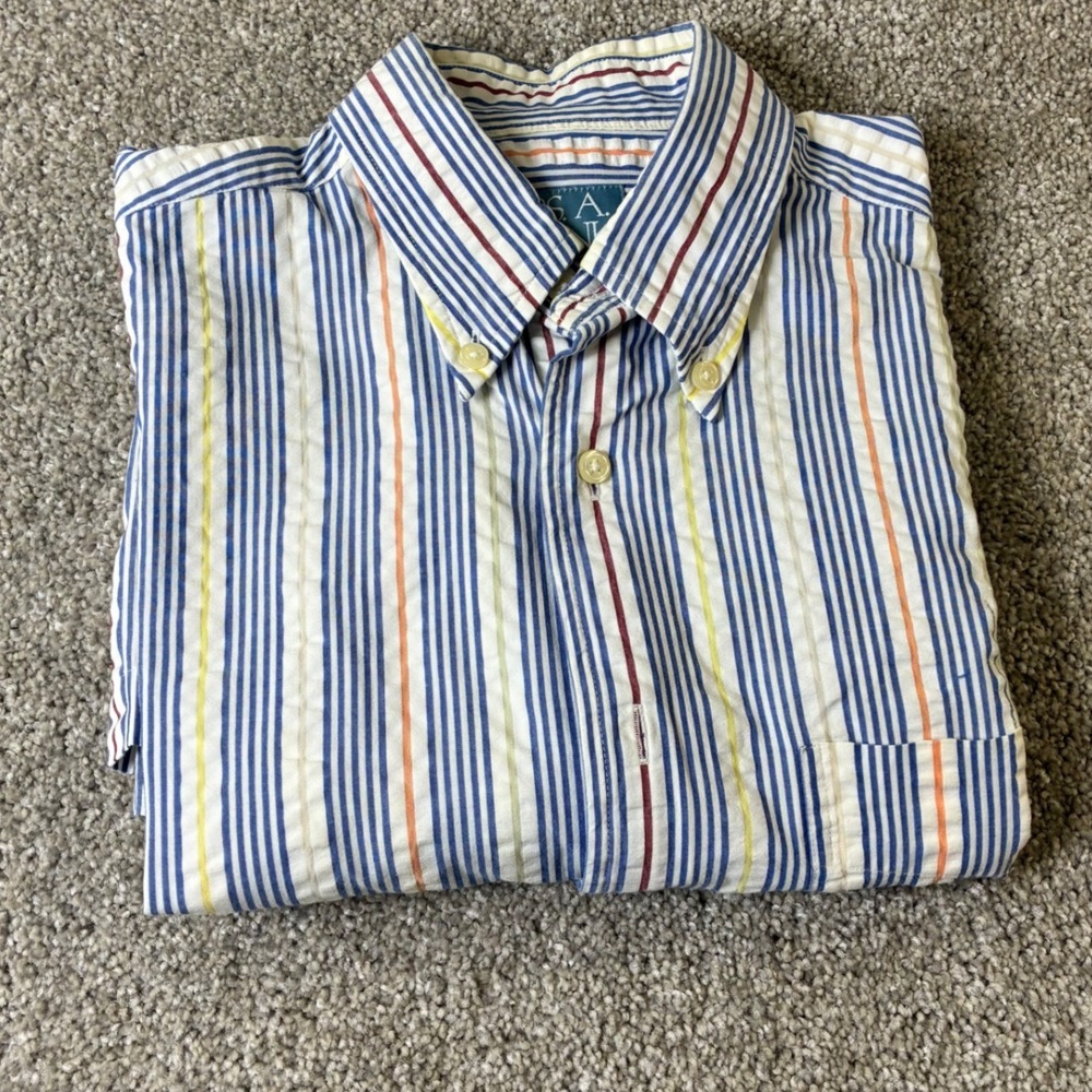 Jos. A. Bank Stays Cool Seersucker Striped Button Up Short Sleeve Shirt Cotton S